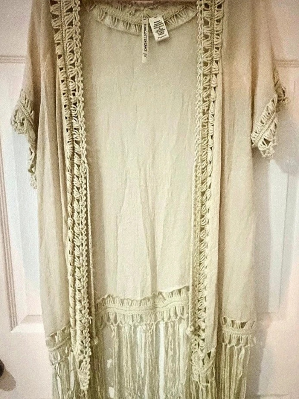 Forgotten Grace Fringe Crochet Duster Coverup, Cream, XL